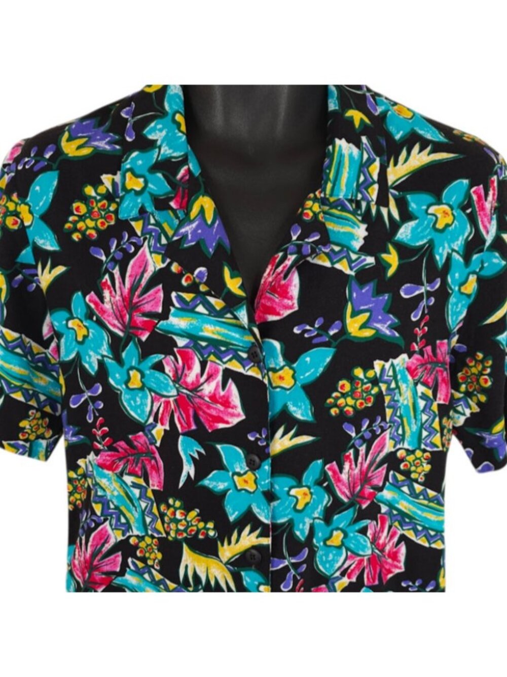 Vintage Floral Hawaiian Shirt Womens Size Medium Black 90s Notations